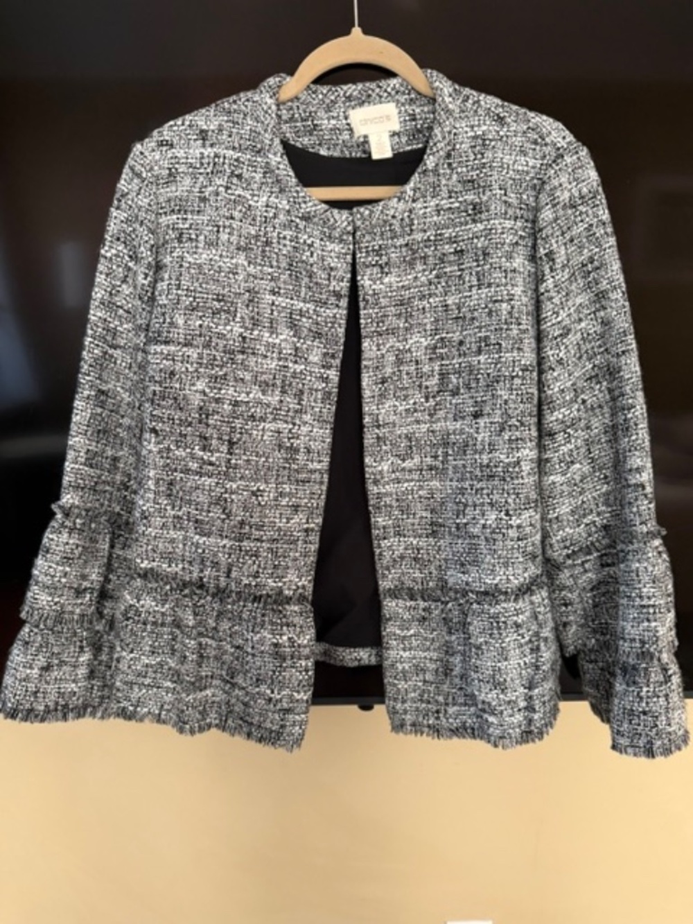 Chicos Tweed Peplum Jacket Tiered Ruffle Sleeve Size 2